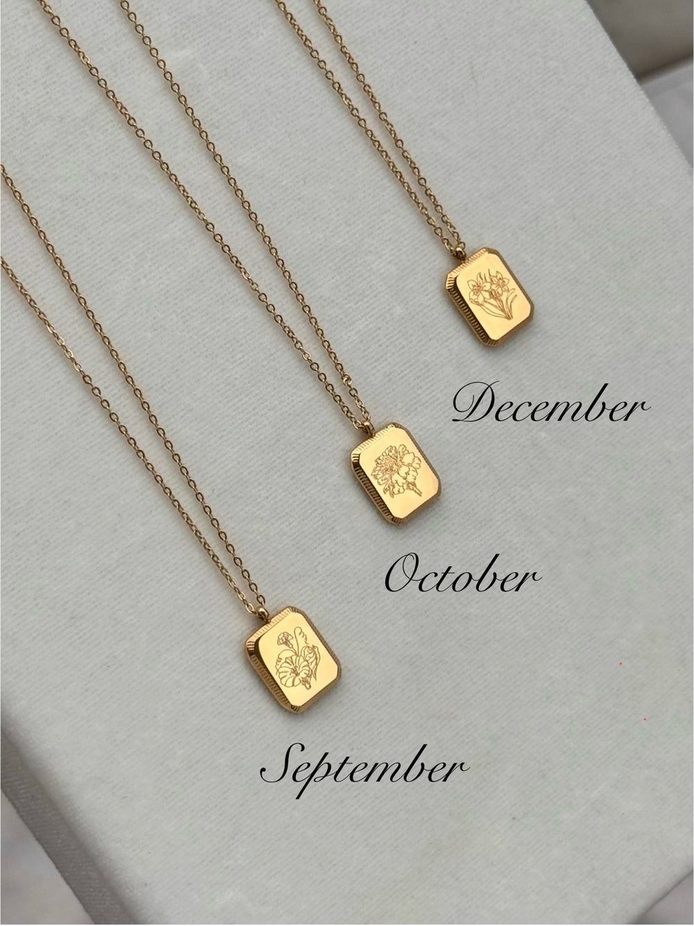 NEW 18K Gold Plated Birth Flower Etched Pendant Necklace Hypoallergenic